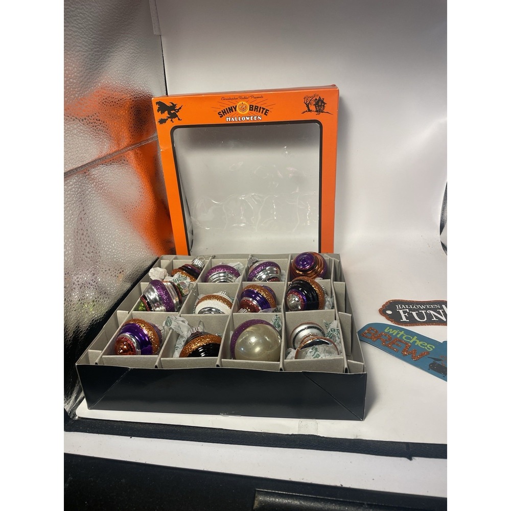 Christopher Radko 12 glass  Halloween Ornaments Shiny Brite Orange Black Purple